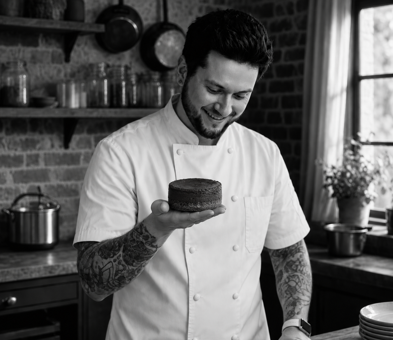 Anton Riumin holding a Basque cheesecake